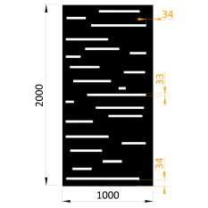 Designová kovová výplň, laserem vypálený vzor 8211, rozměr 1000x2000x2,0 mm +/- 0,5%, výška výpalku 34 mm, bez povrchové úpravy, perforace 14%