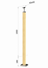 Dřevěný sloup, vrchní kotvení, bez výplně, vrch pevný (40x40mm), materiál: buk, broušený povrch bez nátěru