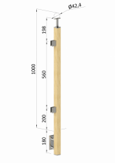 Dřevěný sloup, boční kotvení, výplň: sklo, koncový, levý, vrch pevný (40x40mm), materiál: buk, broušený povrch bez nátěru