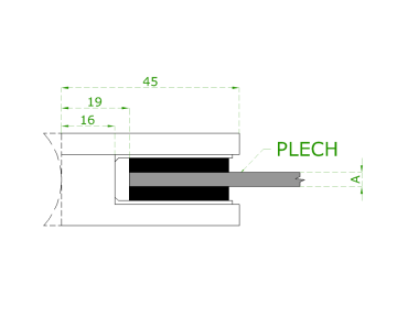 Svorka skla / plechu plochá (45x45x26 mm), broušená nerez K320 / AISI304, balení neobsahuje gumičky na sklo