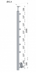 Nerezový sloup, boční kotvení, 6 řadový průchodný, vnitřní, vrch pevný (ø 42,4x2 mm), broušená nerez K320 / AISI3044