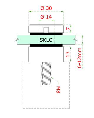 Svorka bodová na sklo 6-12 mm plochá (ø 30 mm / M8), broušená nerez K320 / AISI304, balení obsahuje gumičky na sklo