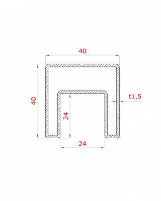 Madlo štvorcové (40x40x1.5mm /24x24mm), cena za 1ks (3m), pre sklo 8-17,5mm, bez gumových tesnení, brúsená nerez K320 /AISI304