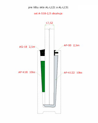 2,5 m set pro 17,52 mm sklo, k hliníkovým profilům AL-L121, AL-L131, AL-L141 a AL-L151. Obsahuje: těsnění AG-00 2.5 m, AG-18 2,5 m, podložky AP-K122 10 ks, klíny AP-K18 10 ks