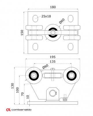 Nerezový vozík PICCOLO do profilu (68x68 mm) pro samonosné brány do 200 kg / otvor: 4,5 m, nerez bez povrchové úpravy / AISI304