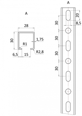 Děrovaný montážní C profil, 28x30x1.75, L-3m, pozinkovaný
