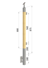 Dřevěný sloup, boční kotvení, výplň: sklo, levý, vrch nastavitelný (40x40mm), materiál: buk, broušený povrch s nátěrem BORI (bezbarvý)