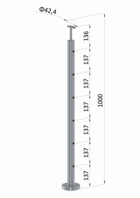 Nerezový sloup, vrchní kotvení, 6 děrový průchodný, vrch pevný (ø42,4x2 mm), broušená nerez K320 / AISI316
