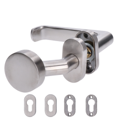 Klika (pravá) + koule oválná (pevná), vyhnutá včetně dolní rozety, balení: 1ks klika (pravá), 1ks koule oválná, 2ks dolní oválná rozeta, broušená nerez AISI304