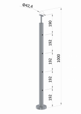 Nerezový sloup, vrchní kotvení, 4 děrový průchodný, vrch pevný (ø 42,4x2 mm), leštěná nerez / AISI304