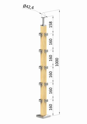 Dřevěný sloup, vrchní kotvení, 5 řadový, rohový: 90°, vrch pevný (40x40 mm), materiál: buk, broušený povrch s nátěrem BORI (bezbarvý)
