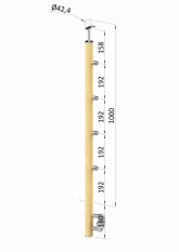 Dřevěný sloup, boční kotvení, 4 řadový, průchozí, vnitřní, vrch pevný (ø42 mm), materiál: buk, broušený povrch bez nátěru