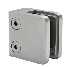 Svorka skla / plechu plochá (45x45x26 mm), broušená nerez K320 / AISI304, balení neobsahuje gumičky na sklo