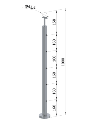 Nerezový sloup, vrchní kotvení, 5 děrový koncový, vrch pevný (ø42,4x2 mm), broušená nerez K320 / AISI304