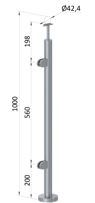 Nerezový sloup, vrchní kotvení, výplň: sklo, levý, vrch pevný (ø42,4x2 mm), broušená nerez K320 / AISI304