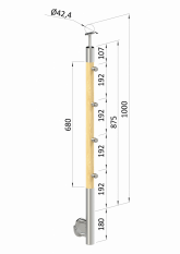 Dřevěný sloup, boční kotvení, 4 řadový, průchozí, vnější, vrch pevný (ø 42mm), materiál: buk, broušený povrch s nátěrem BORI (bezbarvý)