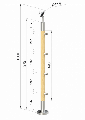 Dřevěný sloup, vrchní kotvení, 4 řadový, průchozí, vrch nastavitelný (ø42 mm), materiál: buk, broušený povrch s nátěrem BORI (bezbarvý)