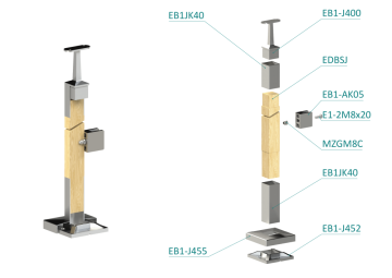 Dřevěný sloup, vrchní kotvení, výplň: sklo, pravý, vrch pevný (40x40 mm), materiál: buk, broušený povrch bez nátěru