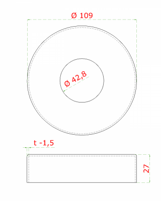 Kryt příruby (ø 109/27 mm) na trubku ø 42,4 mm (otvor ø 43 mm), broušená nerez K320 / AISI304