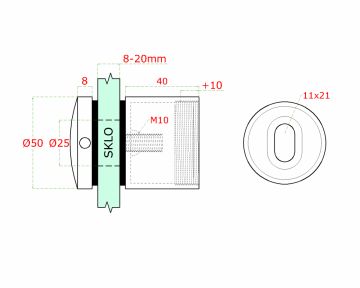 Svorka bodová na sklo 12-20 mm, Ø50 mm, od stěny 40-50 mm, M10, díra ve skle 26-30 mm, broušená nerez K320 / AISI304, balení obsahuje gumičky na sklo