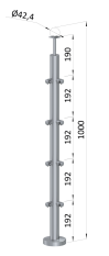 Nerezový sloup, vrchní kotvení, 4 řadový, rohový: 90°, vrch pevný (ø42,4x2 mm), broušená nerez K320 / AISI304