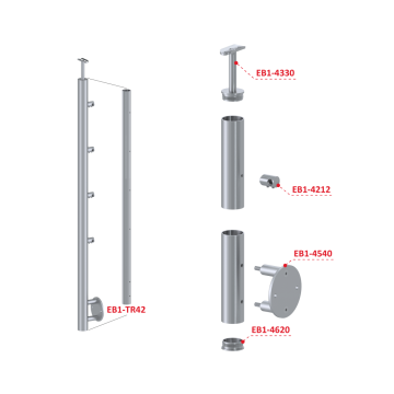 Nerezový sloup, boční kotvení, 4 řadový průchodný, vnitřní, vrch pevný (ø 42,4x2 mm), broušená nerez K320 / AISI304