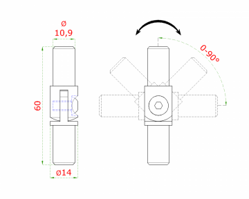 Spoj nastavitelný (0-100°) plný materiál, s kloubem, na trubku ø 14 mm, broušená nerez K320 / AISI304
