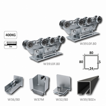 Samonosný systém 80x80x5 mm pro posuvné brány do 400 kg / 7 m otvor (W39/80Zn 6 m pozinkovaný profil, 2x W3910F.80, 1x W36/80, 1x W37M, 1x W32/80)