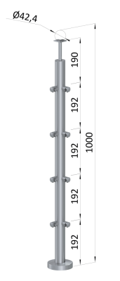 Nerezový sloup, vrchní kotvení, 4 řadový, rohový: 90°, vrch pevný (ø42,4x2 mm), broušená nerez K320 / AISI304