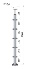 Nerezový sloup, vrchní kotvení, 5 řadový rohový: 90°, vrch pevný (ø42,4x2 mm), broušená nerez K320 / AISI316