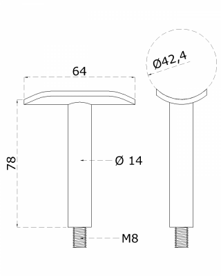 Držák madla pevný na trubku ø 42,4 mm (78x64 mm / závit M8), broušená nerez K320 / AISI304