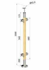 Dřevěný sloup, vrchní kotvení, výplň: sklo, průchozí, vrch pevný (ø 42mm), materiál: buk, broušený povrch bez nátěru