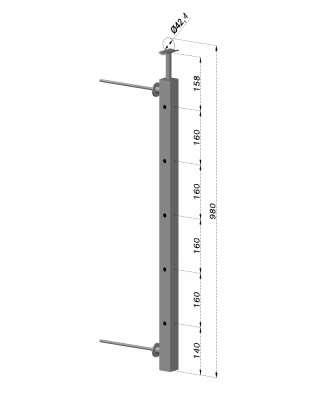 Nerezový sloup na francouzský balkón, boční kotvení, 5 dírový, průchozí, vrch pevný, (40x40x2.0 mm), broušená nerez K320 /AISI304