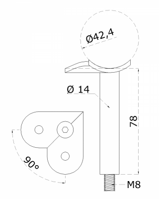Držák madla (90° úhel) na trubku ø 42,4 mm (78 mm / závit M8), nerez broušená K320 / AISI304