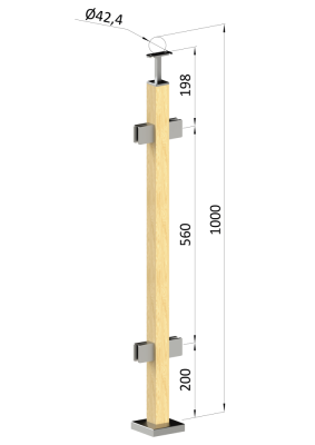 Dřevěný sloup, vrchní kotvení, výplň: sklo, průchozí, vrch pevný (40x40 mm), materiál: buk, broušený povrch s nátěrem BORI (bezbarvý)