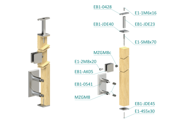 Dřevěný sloup, boční kotvení, výplň: sklo, koncový, levý, vrch pevný (40x40mm), materiál: buk, broušený povrch bez nátěru