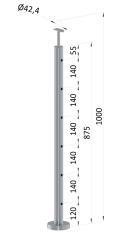 Nerezový sloup, vrchní kotvení, 6 děrový průchozí, vrch pevný (ø 42.4x2mm), broušená nerez K320 /AISI304