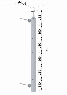 Nerezový sloup na francouzský balkón, boční kotvení, 5 dírový, levý, vrch pevný, (40x40x2.0 mm), broušená nerez K320 /AISI304