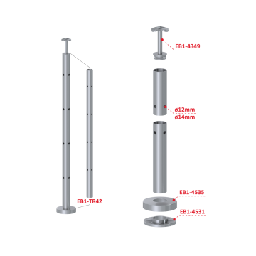 Nerezový sloup, vrchní kotvení, 4 děrový, rohový: 90°, vrch pevný, (ø42,4x2 mm), broušená nerez K320 / AISI304