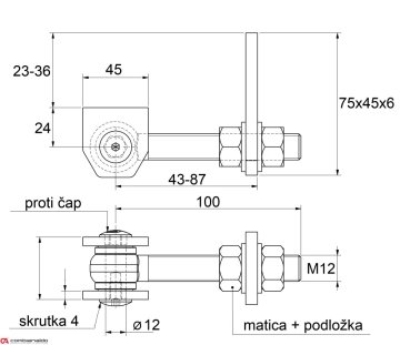 Combi Arialdo navařovací pant M12, otevíratelný 180°, nastavitelný 2D, částečně pozinkovaný