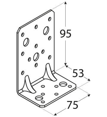 úhelník s prolisem 95x53x75mm, 2,5mm, pozink, díry průměr 5mm-17ks, 11mm-5ks