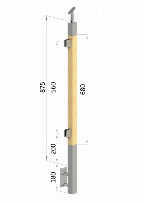 Dřevěný sloup, boční kotvení, výplň: sklo, levý, vrch nastavitelný (40x40mm), materiál: buk, broušený povrch s nátěrem BORI (bezbarvý)
