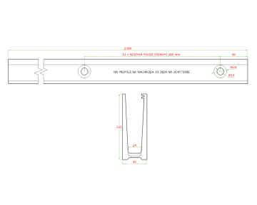 Hliníkový kotevní profil pro sklo 12-22 mm, vrchní kotvení. Bez příslušenství, povrchová úprava brus, cena za délku 2500 mm