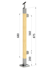 Dřevěný sloup, vrchní kotvení, výplň: sklo, pravý, vrch nastavitelný (40x40mm), materiál: buk, broušený povrch bez nátěru