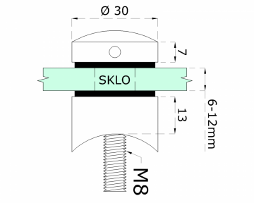Svorka bodová (ø 30 mm / M8) na sklo 6-12 mm na trubku ø 42,4 mm, leštěná nerez / AISI304, balení obsahuje gumičky na sklo