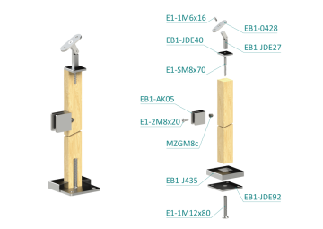 Dřevěný sloup, vrchní kotvení, výplň: sklo, levý, vrch nastavitelný (40x40mm), materiál: buk, broušený povrch bez nátěru