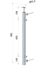 Nerezový sloup, boční kotvení, výplň: sklo, pravý, vrch pevný, (40x40x2.0 mm), brousená nerez K320 /AISI304