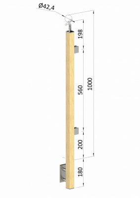 Dřevěný sloup, boční kotvení, výplň: sklo, koncový, pravý, vrch nastavitelný (40x40mm), materiál: buk, broušený povrch s nátěrem BORI (bezbarvý)