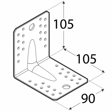 úhelník s prolisem 105x105x90mm, 2,0mm, pozink, díry průměr 5mm-36ks, 14mm-2ks