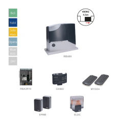 RB400BDKCE sada pro posuvnou bránu do 400 kg, 1x RB400 (24 V, 250 W, 400 N), 1x RBA3R10, 2x ON2E, 1x OXIBD, 1 pár EPMB, 1x ELDC